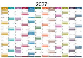 Obraz na płótnie Canvas Calendar for the year 2027 with holidays of germany in german language. Differently colored months in vertical columns. Wallplanner, span-a-year calendar