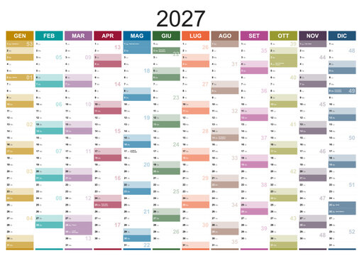 Calendar for the year 2027 with holidays of italy in italian language. Differently colored months in vertical columns. Wallplanner, span-a-year calendar