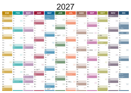 Calendar for the year 2027 with holidays of spain in spanish language. Differently colored months in vertical columns. Wallplanner, span-a-year calendar