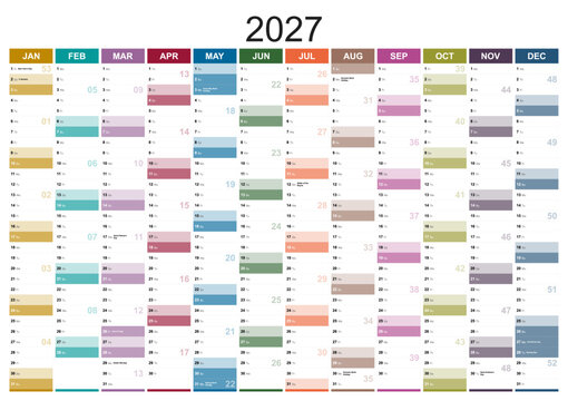 Calendar for the year 2027 with holidays of united kingdom in english language. Differently colored months in vertical columns. Wallplanner, span-a-year calendar