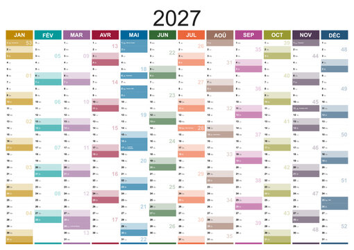 Calendar for the year 2027 with holidays of france in french language. Differently colored months in vertical columns. Wallplanner, span-a-year calendar
