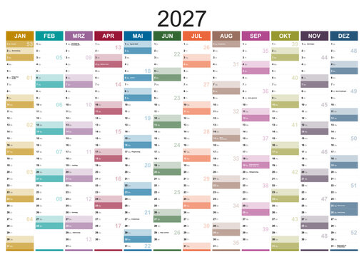 Calendar for the year 2027 with holidays of switzerland in german language. Differently colored months in vertical columns. Wallplanner, span-a-year calendar