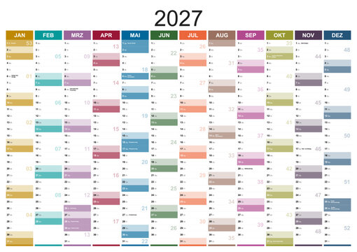 Calendar for the year 2027 with holidays of germany in german language. Differently colored months in vertical columns. Wallplanner, span-a-year calendar