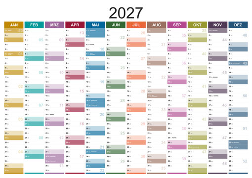 Calendar for the year 2027 with holidays of austria in german language. Differently colored months in vertical columns. Wallplanner, span-a-year calendar