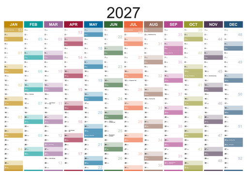 Calendar for the year 2027 with holidays of canada in english language. Differently colored months in vertical columns. Wallplanner, span-a-year calendar