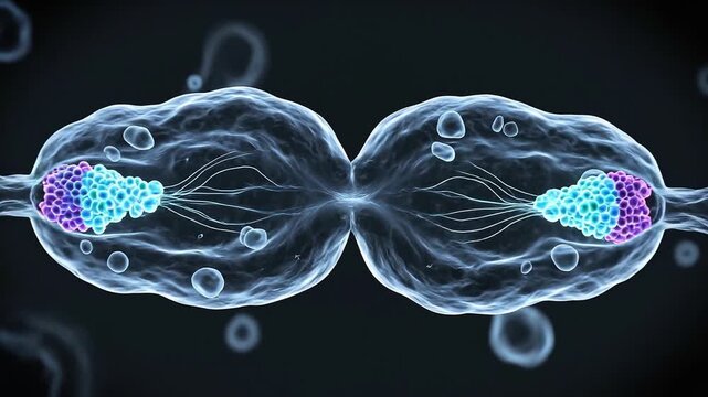 Scientific animation showing biological cell division or mitosis process with chromosome separation inside a living cell under microscope view.