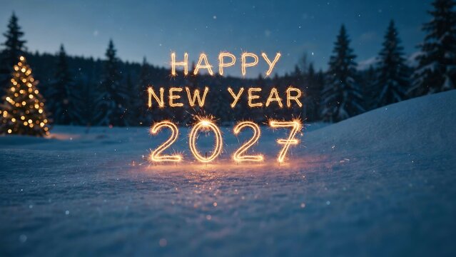 Glowing Happy New Year 2027 text on snowy field with pine trees and lit Christmas tree