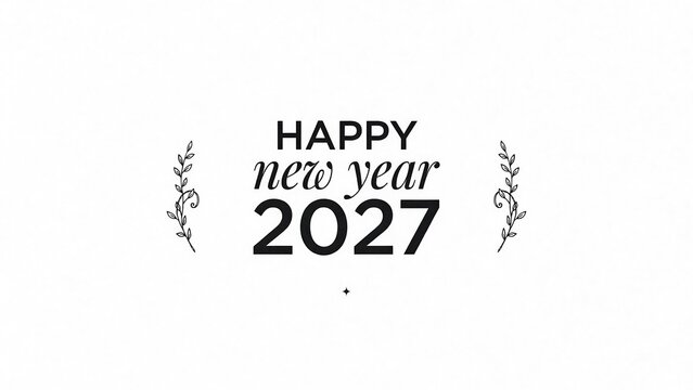 Happy New Year 2027 greeting text with decorative leaf branches on white background
