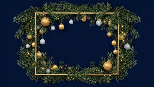 Christmas frame with pine branches, gold and silver baubles on navy blue background