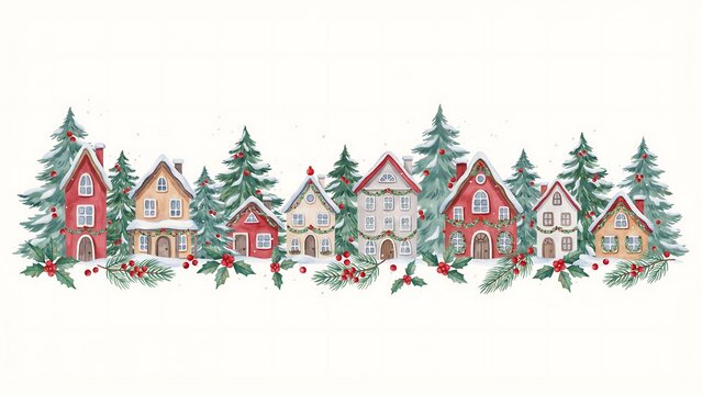 Watercolor Christmas village with snow covered houses evergreen trees and festive winter scenery