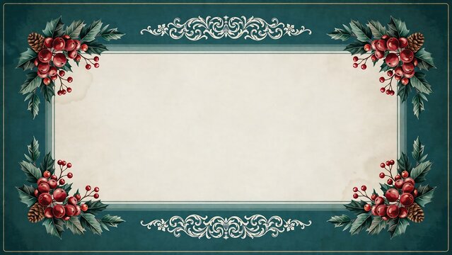 Vintage Christmas greeting card frame with evergreen foliage red berries pine cones and cream copy space