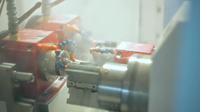 CNC drilling machine spraying coolant metal part. Close up factory metalworking.
