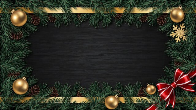 Christmas border with evergreen branches golden ornaments red ribbon and black chalkboard copy space