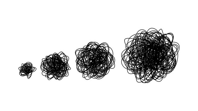 Growing tangled scribble ball sequence showing increasing stress isolated on transparent background. Metaphor representing escalating stress, growing anxiety, worsening confusion, accumulated problems