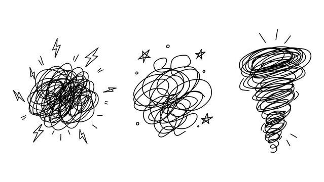Set of hand drawn tangled scribble chaos and tornado doodle elements isolated on transparent background. Metaphors for stress, confusion, anger, and psychological turmoil.
