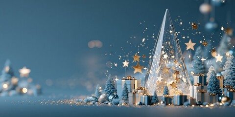 Plakat Magical blue Christmas scene featuring golden stars, wrapped gifts, and a transparent cone tree against a soft bokeh background.