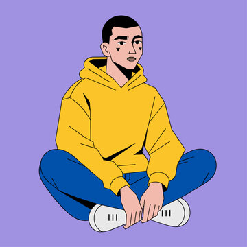 Vector illustration of a young man sitting on the floor wearing a yellow hoodie and blue jeans against a purple background