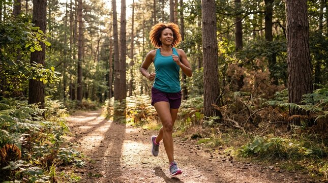 A fit and smiling woman with curly hair jogs along a sun-dappled forest path, embodying health and outdoor activity.