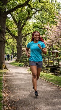 A cheerful woman with a radiant smile enjoys a brisk run on a paved park path, surrounded by lush greenery, blooming trees, and a charming bridge in the background.