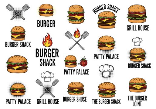 Burger shack grill house icons with cheeseburgers spatulas and chef hats collection