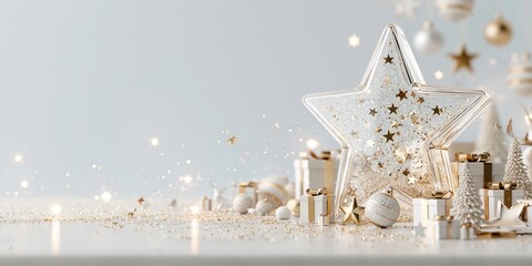 Plakat Elegant holiday composition featuring a large transparent star filled with gold glitter, surrounded by white gifts and festive decorations.
