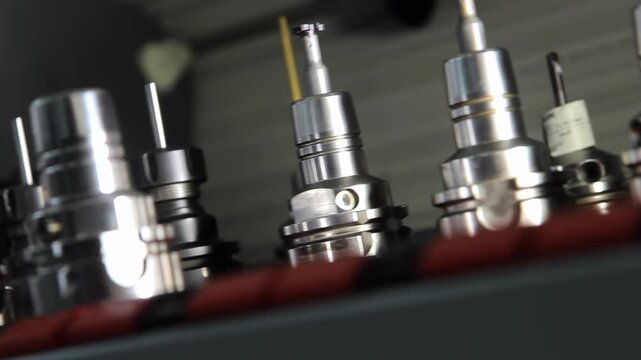 Tool holders closeup metalworking workshop. Milling cutters drill bits rack.