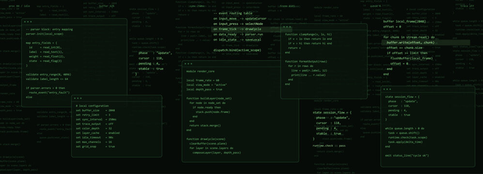 Abstract software developer matrix code programming background. Cyberspace digital terminal screen text script terminal grid template boxes with system commands. Vector graphic set.