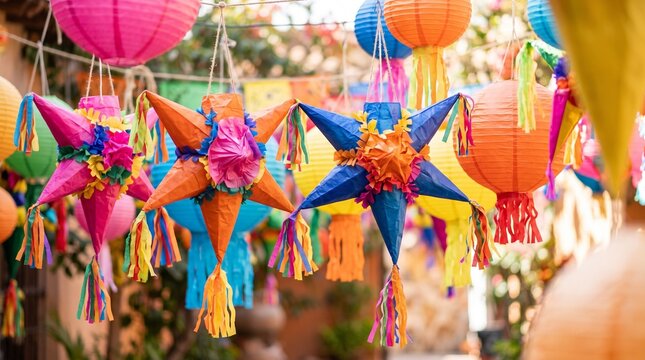 Colorful paper lanterns for Posadas hanging in festive decorations  
