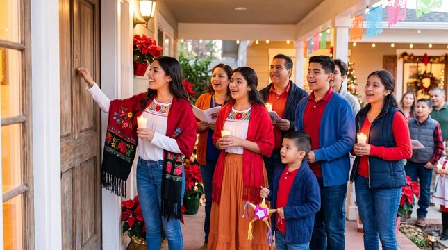 People knocking on door during Posadas celebration with family  
