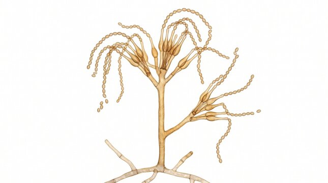  fungus specimen nbran Branched conidiophore produces long chains of spherical fungal spores on a clear background.
