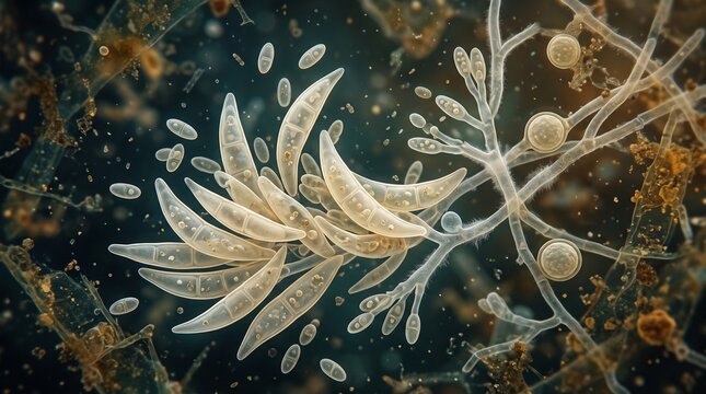  Fusarium oxysporum Fusarium fungus spores display characteristic sickle-shaped macroconidia under microscopic view.