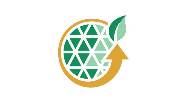 Green leaf growing from a geometric globe with circular arrow