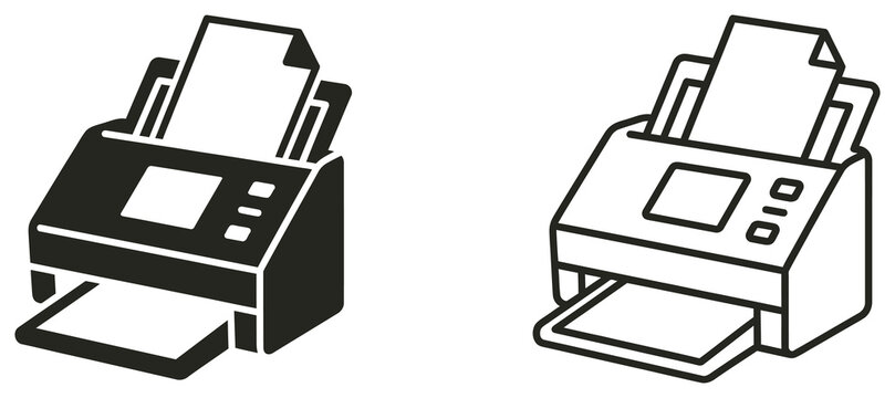 Printer and scanner icon set in black and outline, office and document handling concept.