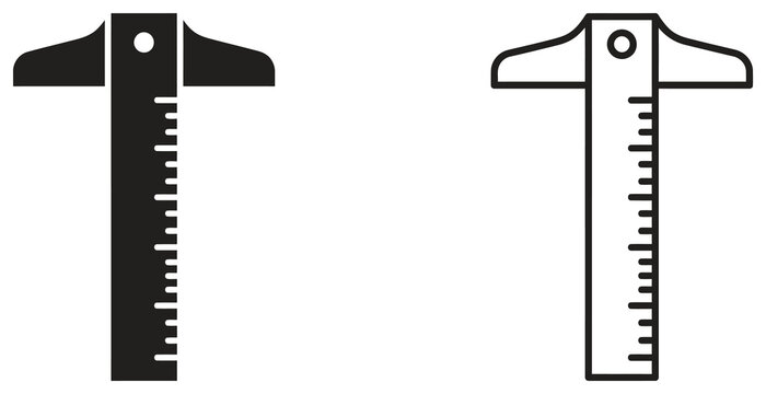 T-square ruler icon set in black silhouette and outline style for technical drawing and drafting.