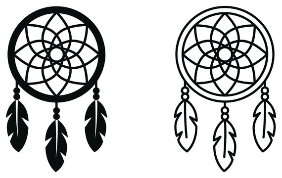 Dreamcatcher ethnic ornament icons in silhouette and line art styles for bohemian and cultural design.