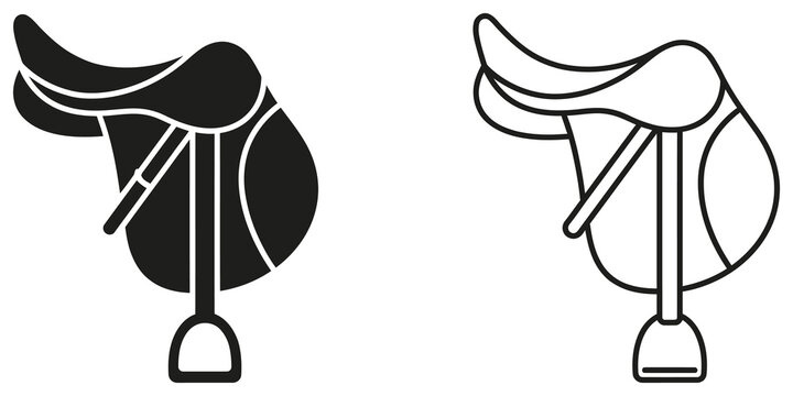 Black horse saddle icon set featuring solid and outline styles for equestrian sports and horse riding equipment design.