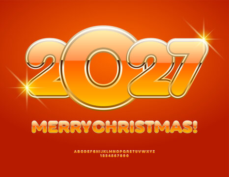 Vector Cool Greeting Card Merry Christmas 2027!  Exclusive Chic Font. Modern set of Unique Orange and Golden Alphabet Letters and Numbers.