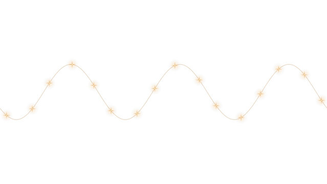 Isolated glowing golden festive fairy light string arranged in a wave shape on white background transparent background