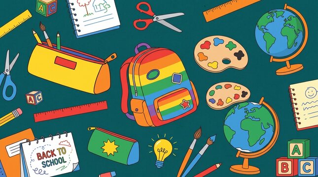 Colorful school supplies and backpack illustration