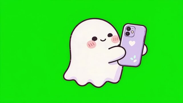 Cute kawaii white cartoon ghost holding a purple smartphone and taking a selfie with a happy smiling face and pink cheeks, adorable Halloween character illustration on green screen background