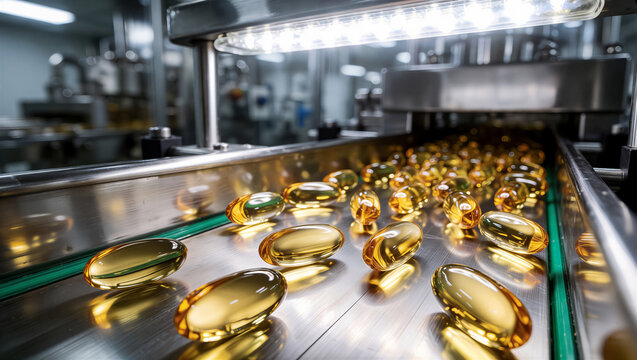Close-up of golden omega-3 capsules moving on an automated pharmaceutical conveyor belt. Industrial manufacturing of medicine and vitamin supplement