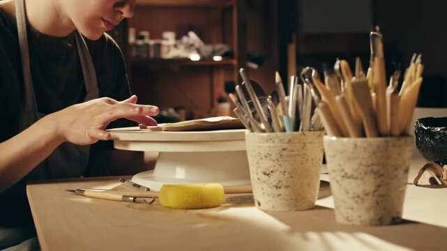 Woman potter works with clay on master class in studio. Working process in ceramic workshop. Potter making vase on pottery wheel. Handmade concept. 