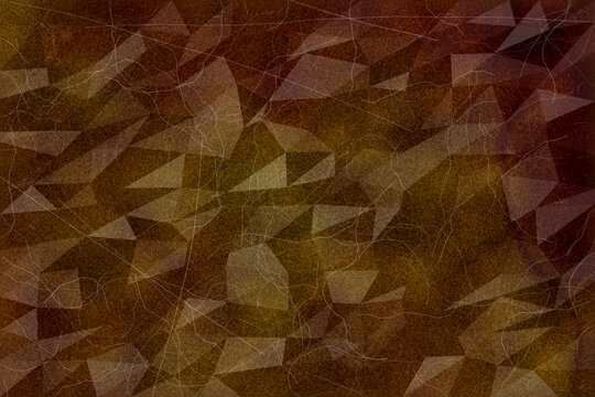 Abstract brown geometric low poly background pattern featuring glowing triangular facets intertwined with scratched texture lines and mysterious dark atmospheric lighting effects