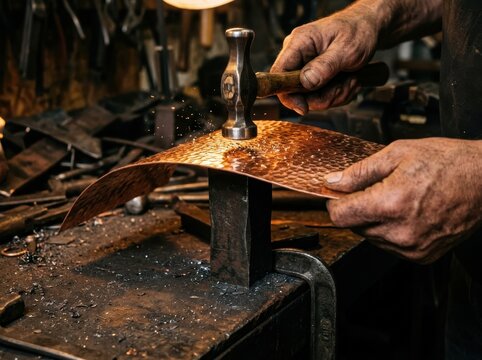 Coppersmith shaping copper sheet on anvil in a workshop