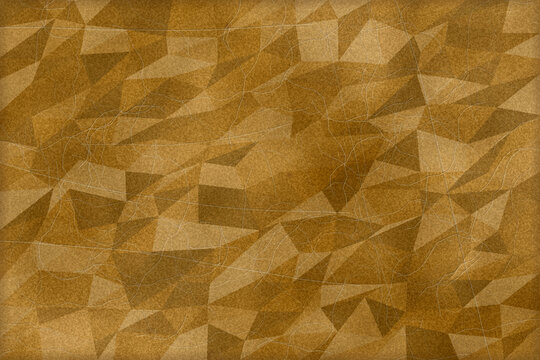 Geometric golden polygon textured abstract background featuring intricate low poly triangular patterns with vintage brown tones and subtle surface crack lines for digital creative projects