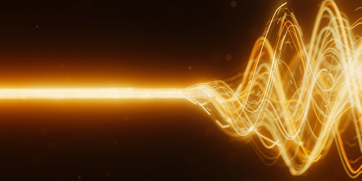 Golden oscillating light trail in abstract 3D quantum data visualization with magic particles.