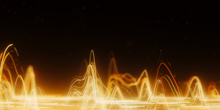 Golden distorted light wave in abstract 3D data visualization. Magic quantum energy particles.