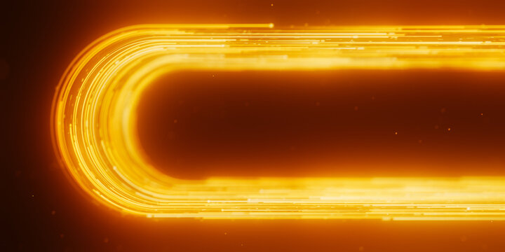 Golden curved data trail turning in abstract cyberspace. 3D quantum light flow with magic glow.