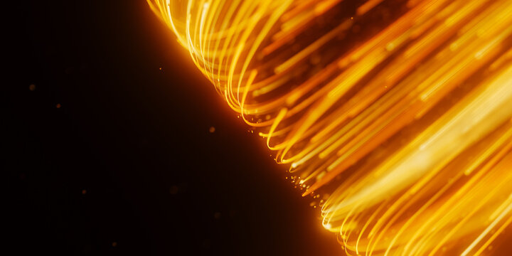 Golden curved data trail turning in abstract cyberspace. 3D quantum light flow with magic glow.