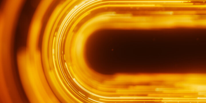 Golden curved data trail turning in abstract cyberspace. 3D quantum light flow with magic glow.